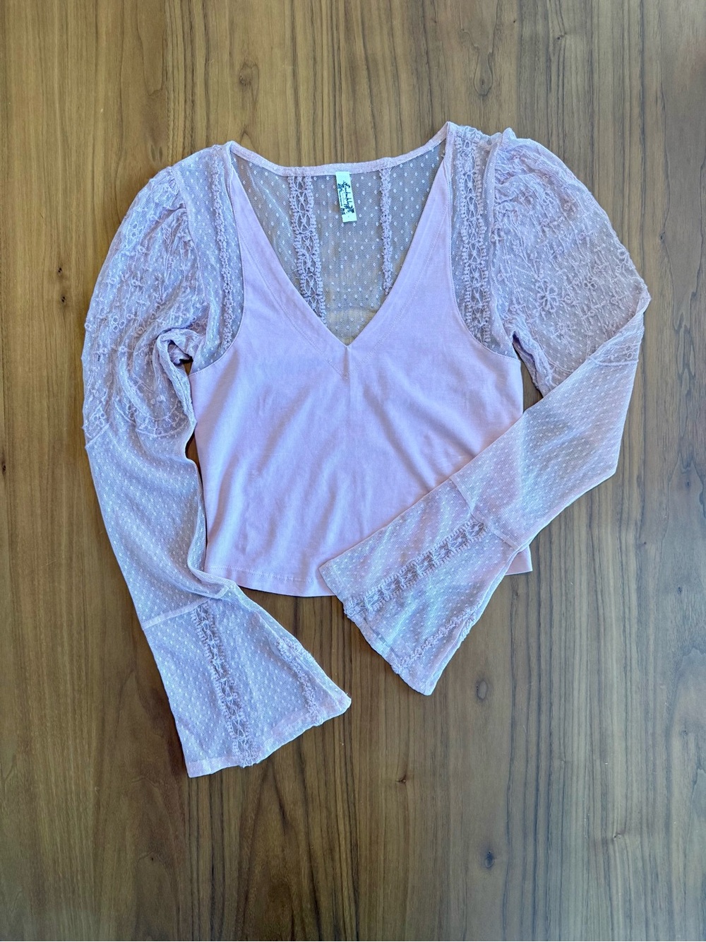 Free People Blush Lace Bell-Sleeve Crop Top
